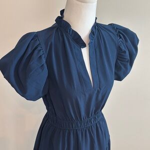 Shop Chartreuse Entro Brand Navy Blue Maxi Tiered Dress with lining in skirt